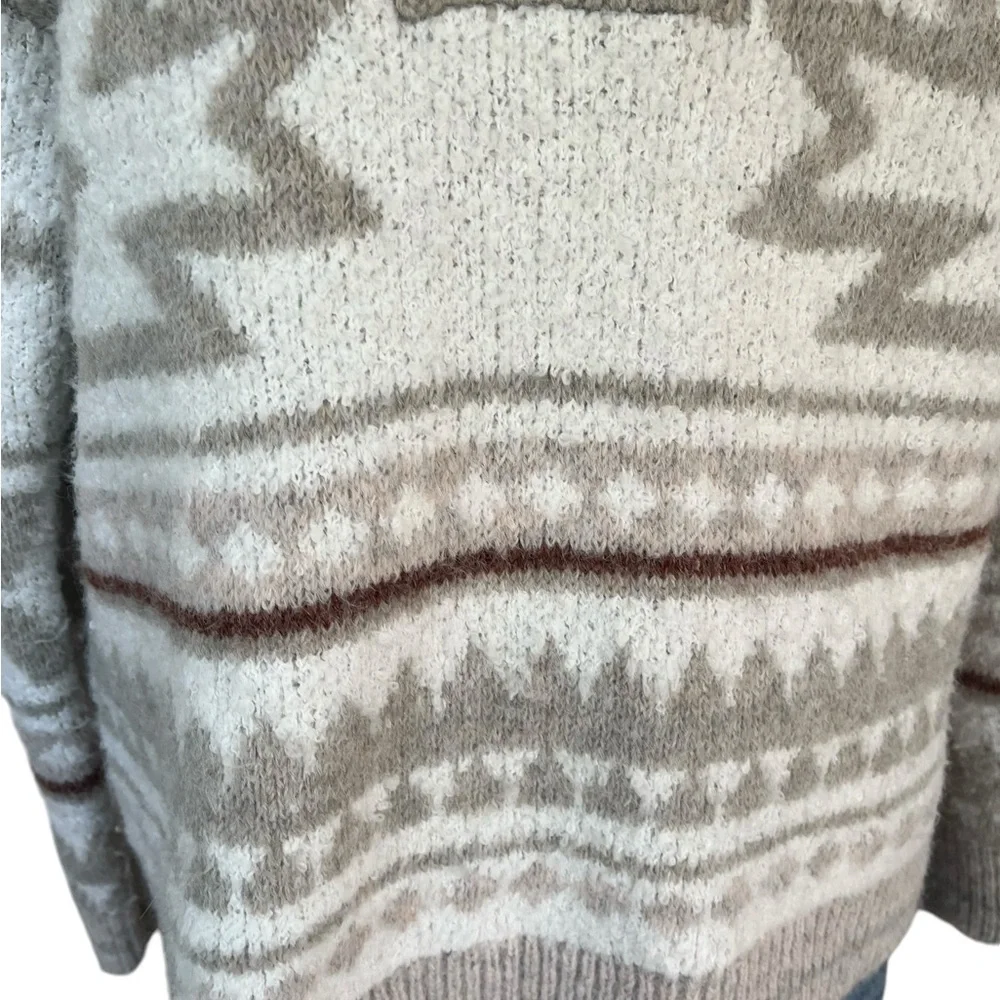 Knox Rose Aztec fair isle button pullover sweater taupe white black S - Picture 9 of 11